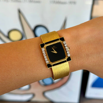 Jaeger-LeCoultre Classic Vintage Ladies 25mm Black Onyx Dial Diamond Bezel 18K Yellow Gold Manual Winding Art Deco Woven Bracelet Circa 1960