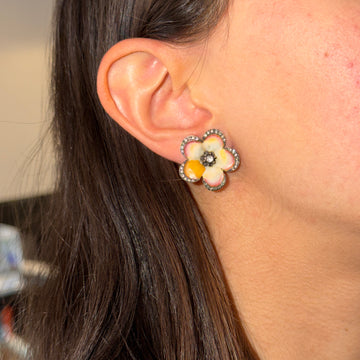 Vintage Antique Flower Enamel Natural Diamond Earrings 14K Yellow Gold