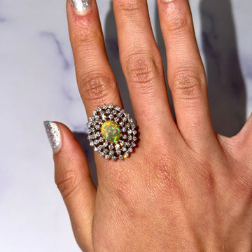 Vintage Boulder Cabochon Opal Natural Diamond Cocktail Ring 18K Yellow Gold Silver Size 8