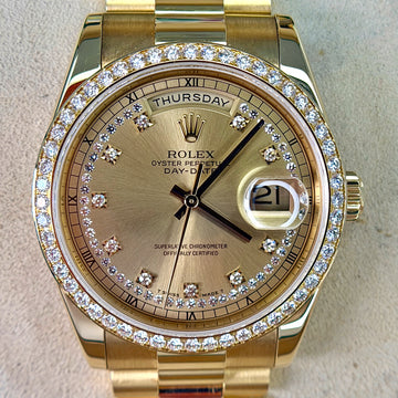 Rolex Day-Date 36 President Factory Diamond Bezel Diamond String Dial 18K Yellow Gold FULL SET BOX PAPERS Year 2003 Ref 118348