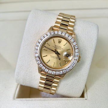 Rolex Lady-Datejust 26 President Champagne Dial Diamond Bezel 18K Yellow Gold Ref. 69178 No Sag Bracelet Year 1991