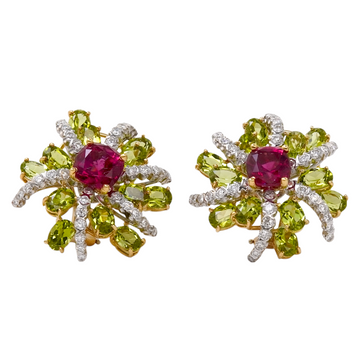 Ivan and Co Vintage Peridot Pink Tourmaline and Diamond Earrings 18K Yellow Gold Platinum