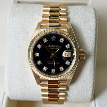 Lady-Datejust 26mm President Factory Diamond Black Dial Fluted Bezel 18K Yellow Gold