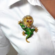 Large Green Enamel Dragon Brooch Diamond and Ruby 18K Yellow & White Gold Pin Vintage