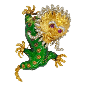 Large Green Enamel Dragon Brooch Diamond and Ruby 18K Yellow & White Gold Pin Vintage