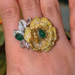 Magnificent Emerald Rose Cut Diamond Fancy Yellow Floral Ring 18K Yellow & White Gold Size 6