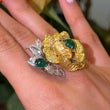 Magnificent Emerald Rose Cut Diamond Fancy Yellow Floral Ring 18K Yellow & White Gold Size 6