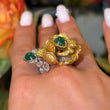 Magnificent Emerald Rose Cut Diamond Fancy Yellow Floral Ring 18K Yellow & White Gold Size 6
