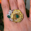 Magnificent Emerald Rose Cut Diamond Fancy Yellow Floral Ring 18K Yellow & White Gold Size 6