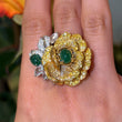 Magnificent Emerald Rose Cut Diamond Fancy Yellow Floral Ring 18K Yellow & White Gold Size 6