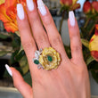 Magnificent Emerald Rose Cut Diamond Fancy Yellow Floral Ring 18K Yellow & White Gold Size 6