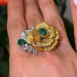 Magnificent Emerald Rose Cut Diamond Fancy Yellow Floral Ring 18K Yellow & White Gold Size 6