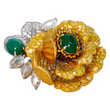 Magnificent Emerald Rose Cut Diamond Fancy Yellow Floral Ring 18K Yellow & White Gold Size 6