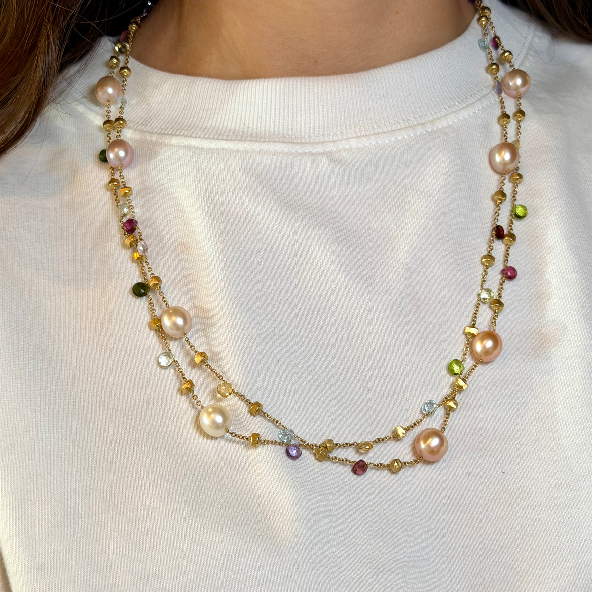 Marco Bicego Paradise Pearl & Mixed Gemstone Necklace 18K Yellow Gold on a neck 