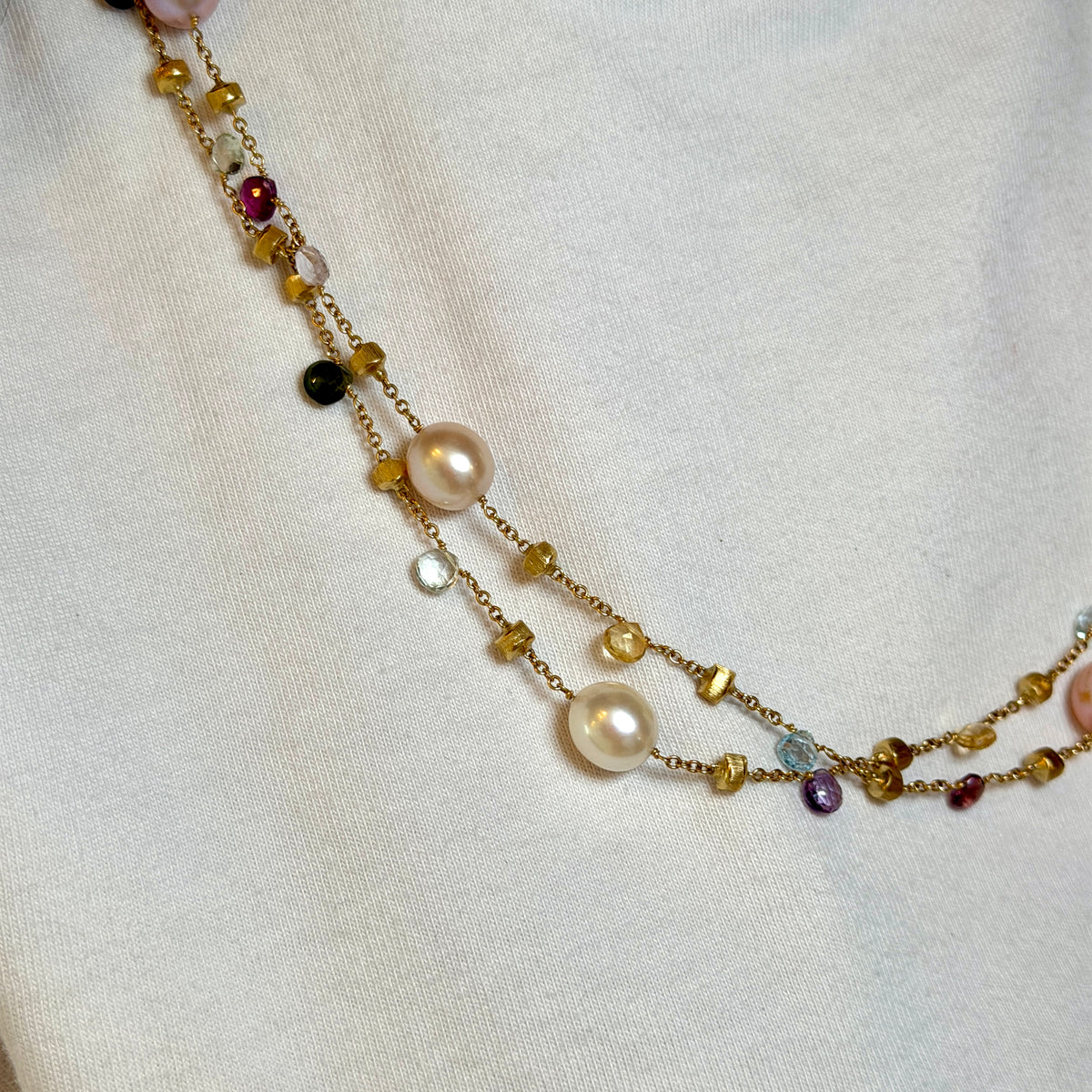 Marco Bicego Paradise Pearl & Mixed Gemstone Necklace 18K Yellow Gold on a neck  side view