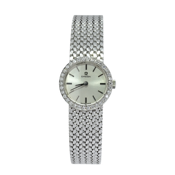 Omega Classic Vintage 20mm Ladies Dress Watch 18K White Gold Factory Diamond Bezel Manual Winding 1970s Just Serviced Ref 7185
