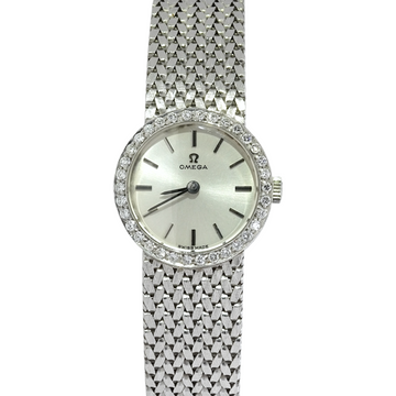 Omega Classic Vintage 20mm Ladies Dress Watch 18K White Gold Factory Diamond Bezel Manual Winding 1970s Just Serviced Ref 7185