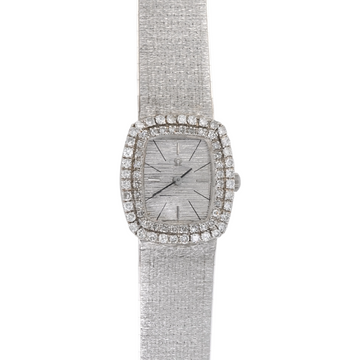 Omega Classic Vintage Ladies Dress Watch 23mm 18K White Gold Double Row Diamond Bezel Circa 1960s Serviced with Warranty Manual Winding