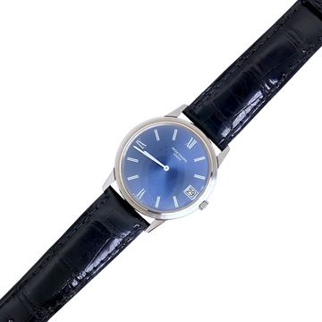 Patek Philippe Calatrava 33mm Date Automatic 18K White Gold Blue Dial Roman Numeral Leather Band Ref 3593G