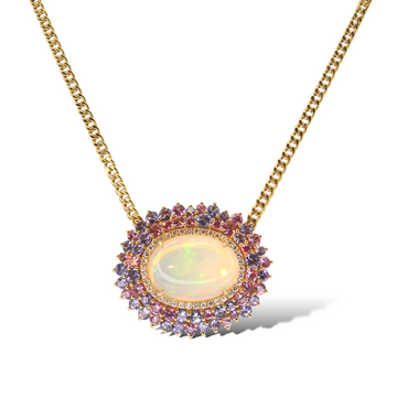 Opal, Gemstone, Sapphire, and Diamond Necklace 18K Yellow Gold 17 Inch Pendant