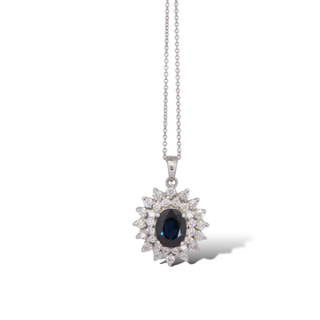 Sapphire 2 CT Double Halo Natural Diamond 1 CT Pendant Necklace 14K White Gold