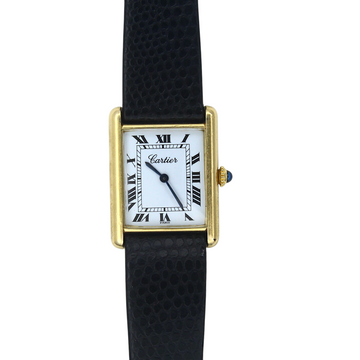 Cartier Tank Lm Pre Must Tank Gold Plaque White Roman Dial Cabochon 18K Yellow Gold Plated Leather Band8 PARIS DIAL Cursive Cartier Font