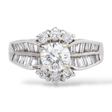 Engagement Diamond Ring 1.35 CTW Round Cut & Baguette Cut 18K White Gold Size 4