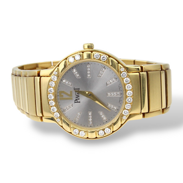 Piaget Polo 28mm Ladies Quartz Grey Sunburst Dial Diamond Bezel 18K Yellow Gold Factory Original