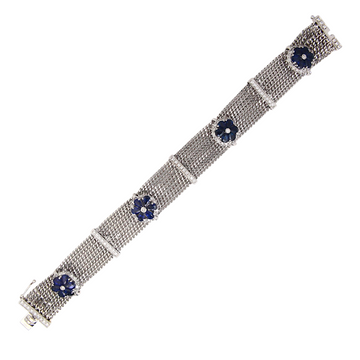 Contemporary Blue Sapphire and Natural Diamond Flexible Bracelet 18K White Gold 6.5 Inches