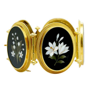 Pietra Dura Antique Victorian Floral Italian Bracelet 6.5 Inches 18K & 22K Yellow Gold