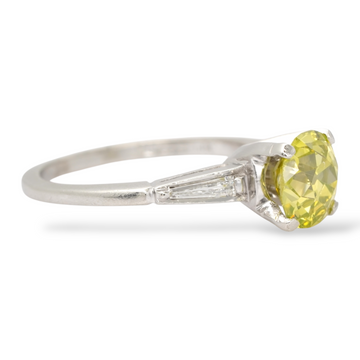 Antique Fancy Green-Yellow Old Mine Cut Diamond 1.47 CT Engagement Solitaire Ring Platinum Size 5
