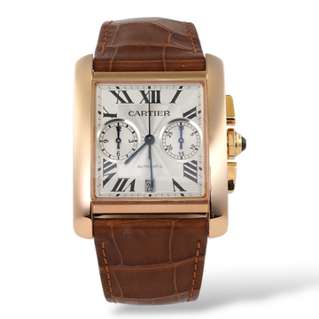 Cartier Tank MC Chronograph Large 18K Rose Gold Silver Guilloché Roman Dial Brown Leather Band Ref W5330005 Ref 3667