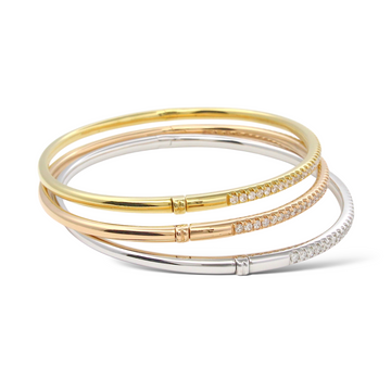 Natural Diamond Gold Trio Bangle Set 18K White, Yellow, Rose Gold Size 6.25 Inch