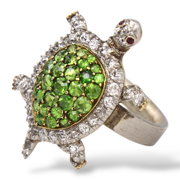 Antique Edwardian Turtle Ring Demantoid Garnet 1 CT Diamond 1 CT Platinum Over 14K Gold