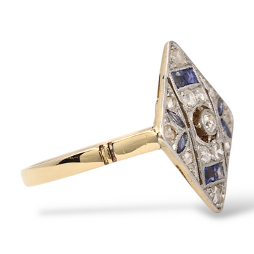 Antique Edwardian Blue Sapphire Natural Diamond Ring 18K Yellow Gold Platinum Size 5