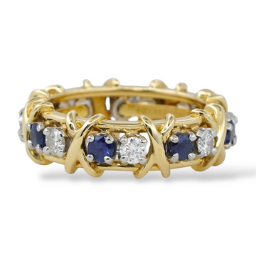 TIFFANY AND CO Diamond and Blue Sapphire Schlumberger 18K Yellow Gold and Platinum Ring