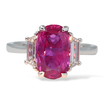 Natural 4 CT Pink Sapphire Burma No Heat Oval GIA Certified 3 Stone Diamond Ring 18K White Gold