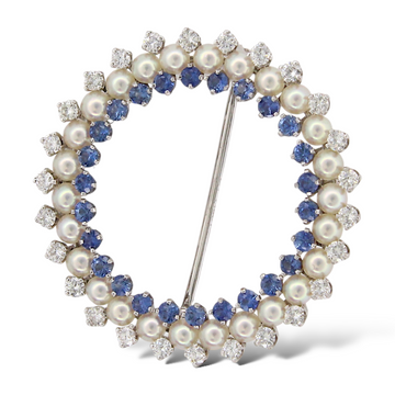 Pearl Sapphire Brooch Natural Diamonds Open Center Pin 14K White Gold
