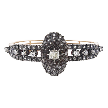 Antique Victorian Old Mine Diamond Bangle 18K Rose Gold Silver French Hallmark