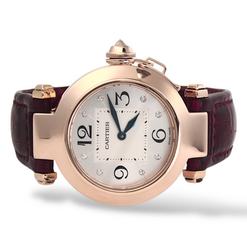 Cartier Pasha Quartz 18K Rose Gold Silver Sunburst Diamond Dial FULL SET BOX PAPERS 2005 Ref WJ11913G / 2812