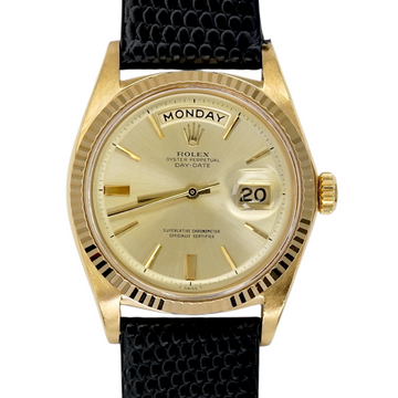 Rolex Day-Date 36 18K Yellow Gold Champagne Dial Fluted Bezel Leather Band Ref 1803 Year 1969