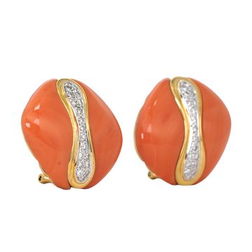 Vintage Coral Natural Diamond 0.40 CT Earrings 18K Yellow Gold