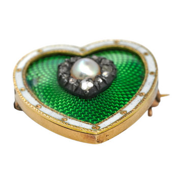 Antique Heart Natural Diamond and Natural Pearl Green Enamel Brooch Pin 15K Yellow Gold