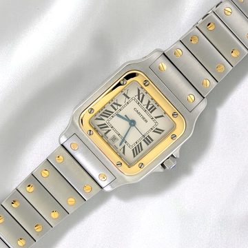 Cartier Santos Galbée 29mm Quartz Two Tone Steel 18K Yellow Gold White Roman Dial