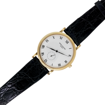 Patek Philippe Calatrava 33 Manual Winding 18K Yellow Gold White Roman Numeral Dial Black Leather Band FULL SET BOX PAPERS 2001