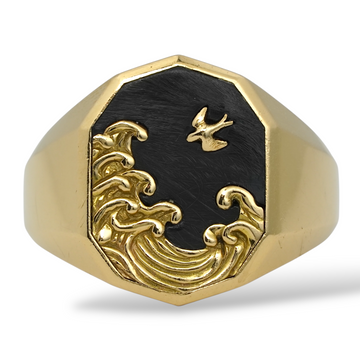 DAVID YURMAN Waves Collection Forged Carbon Signet Ring 18K Yellow Gold Size 9.75