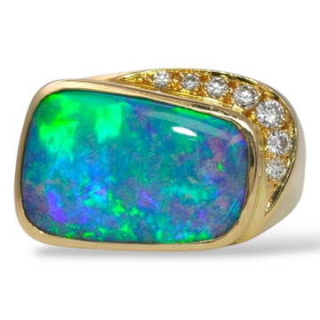 Boulder Fire Opal CT Natural Diamond Ring Size 7