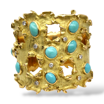 Vintage Magnificent Diamond Turquoise Bangle Wide Textured 18K Yellow Gold