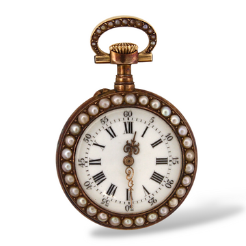Antique Blue Enamel Natural Pearl Pocket Watch Manual White Roman Dial 18K Gold