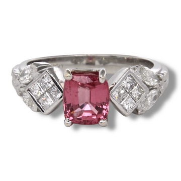 Mid Century Engagement Ring Natural Pink Spinel and Diamond Platinum 950